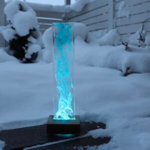 Table lamp, blue, epoxy resin/oak